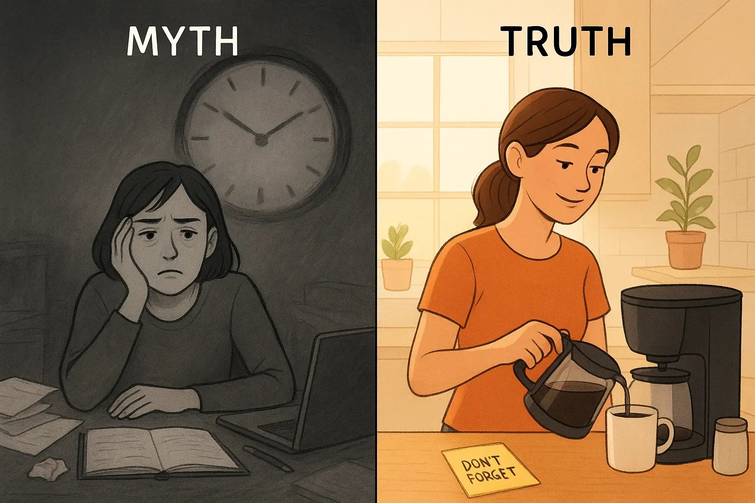 Side-by-side comparison showing a stressed woman overwhelmed by a clock versus calmly noticing a sticky note reminder on her coffee machine