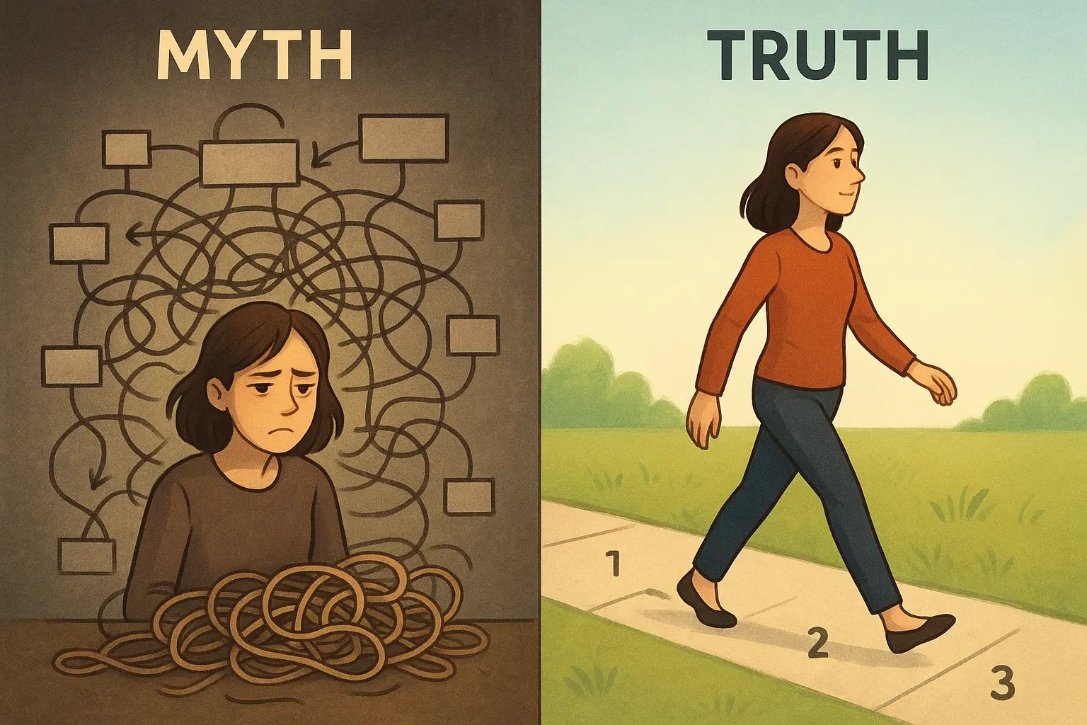 A woman walks confidently along a simple, straight path after escaping a tangled, chaotic flowchart, illustrating the clarity of simplified processes.