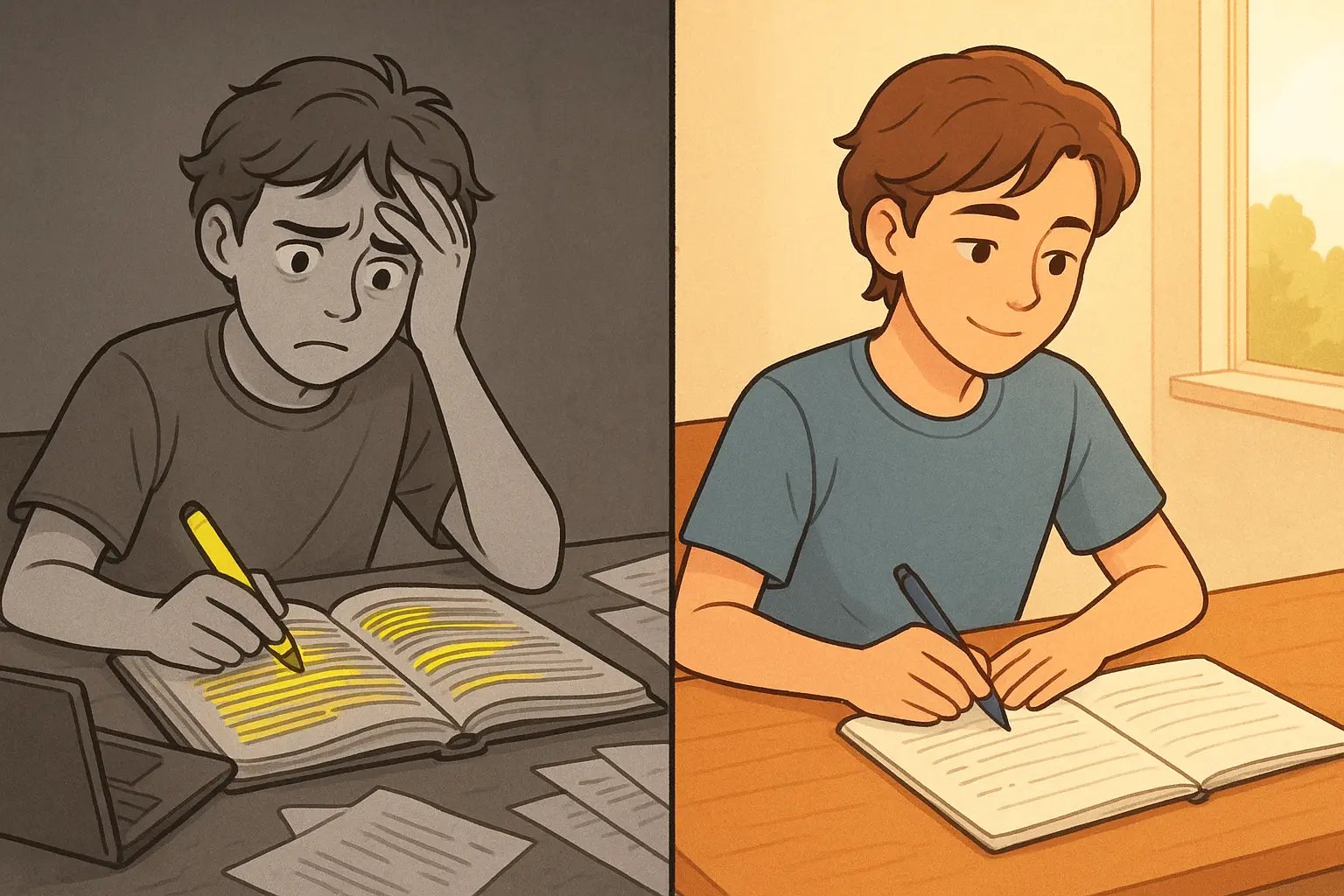 Student writing clear bullet point notes in notebook versus chaotically highlighting textbook, showing effective versus passive study methods