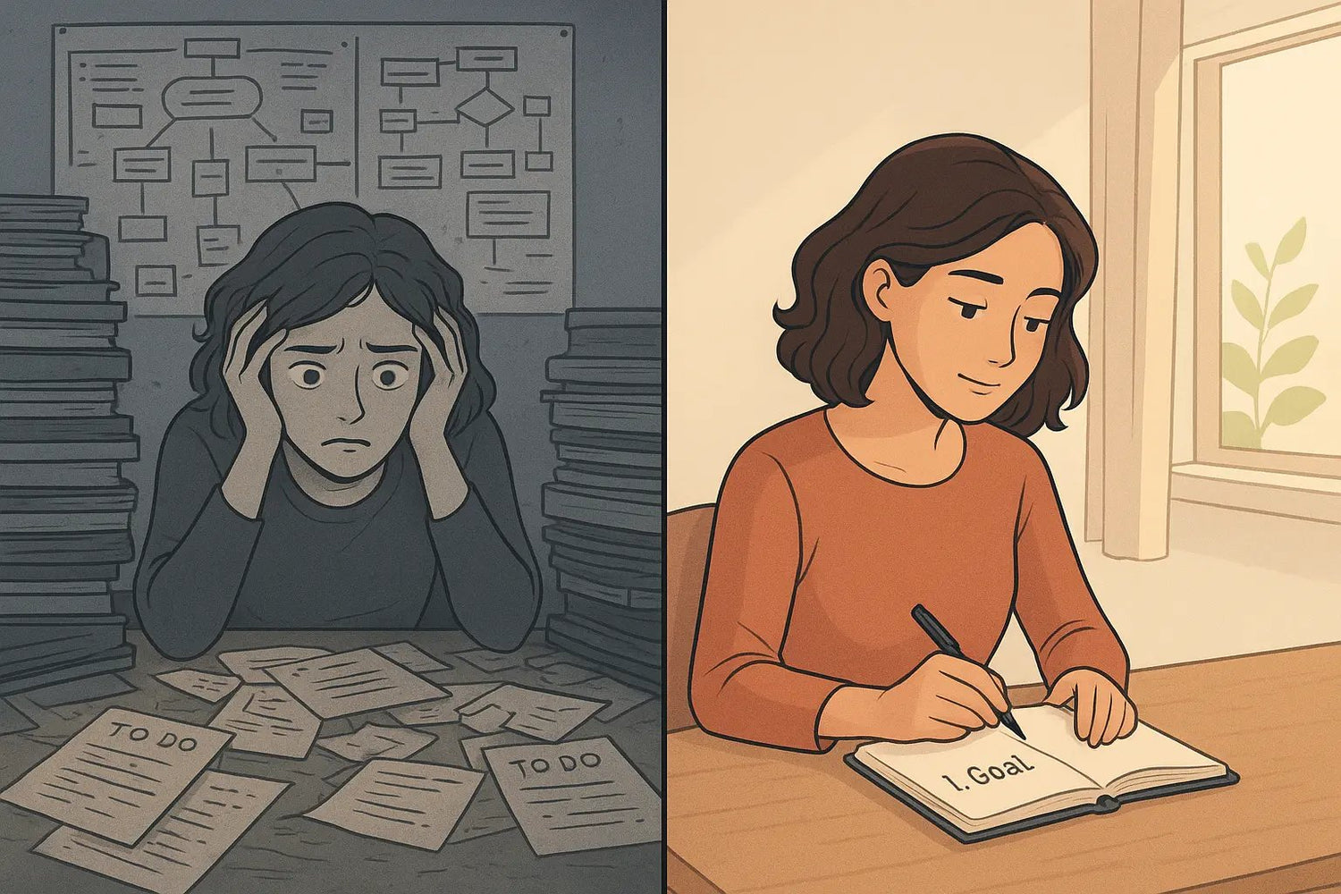 Comparison showing stressed woman overwhelmed by life planning charts versus calm woman with simple notebook making one small change