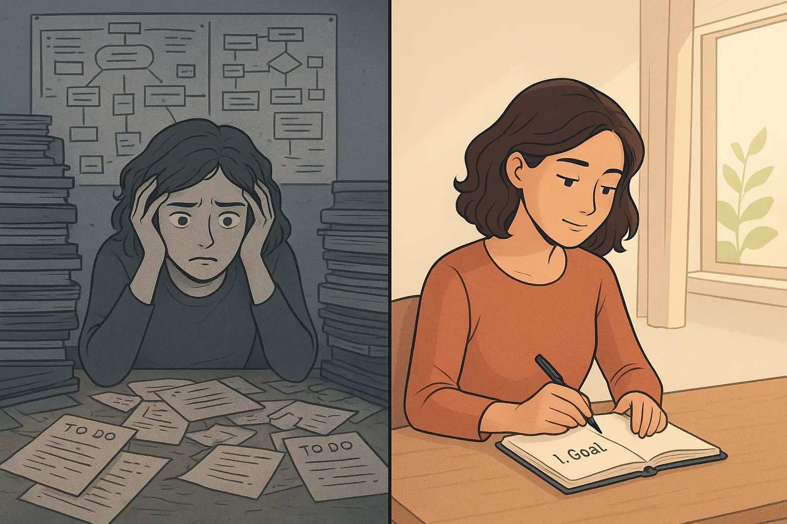 Comparison showing stressed woman overwhelmed by life planning charts versus calm woman with simple notebook making one small change
