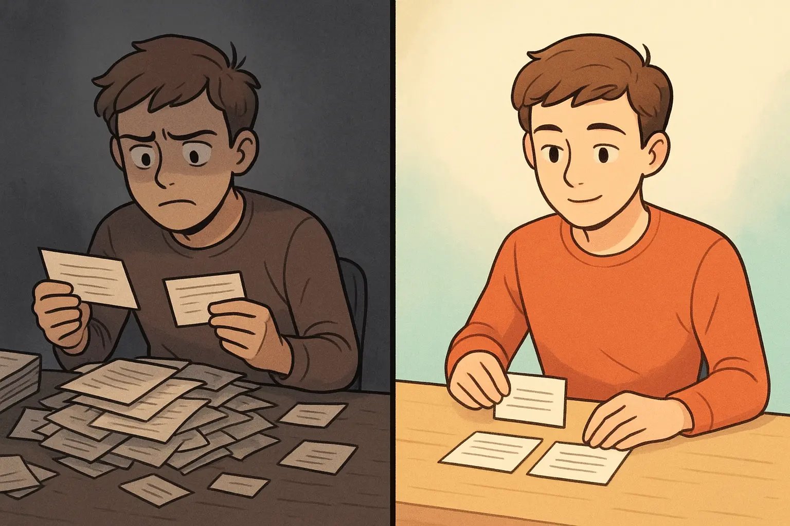 Student at tidy desk calmly creating a new note to explain differences between two similar study cards, demonstrating clarity in learning.