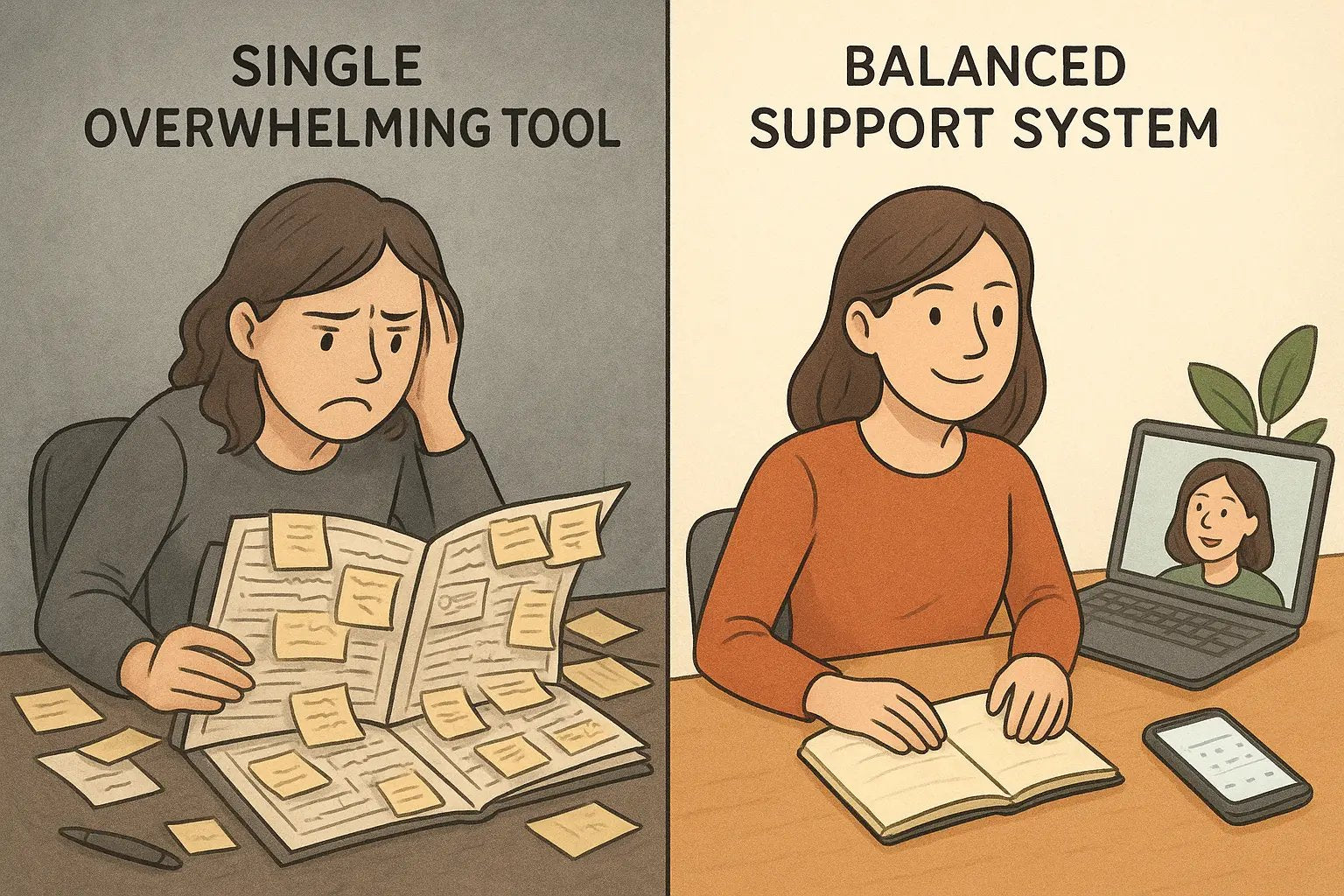 Side-by-side comparison: stressed woman with cluttered planner versus calm woman using balanced support tools including notebook, smartphone, and video call coach