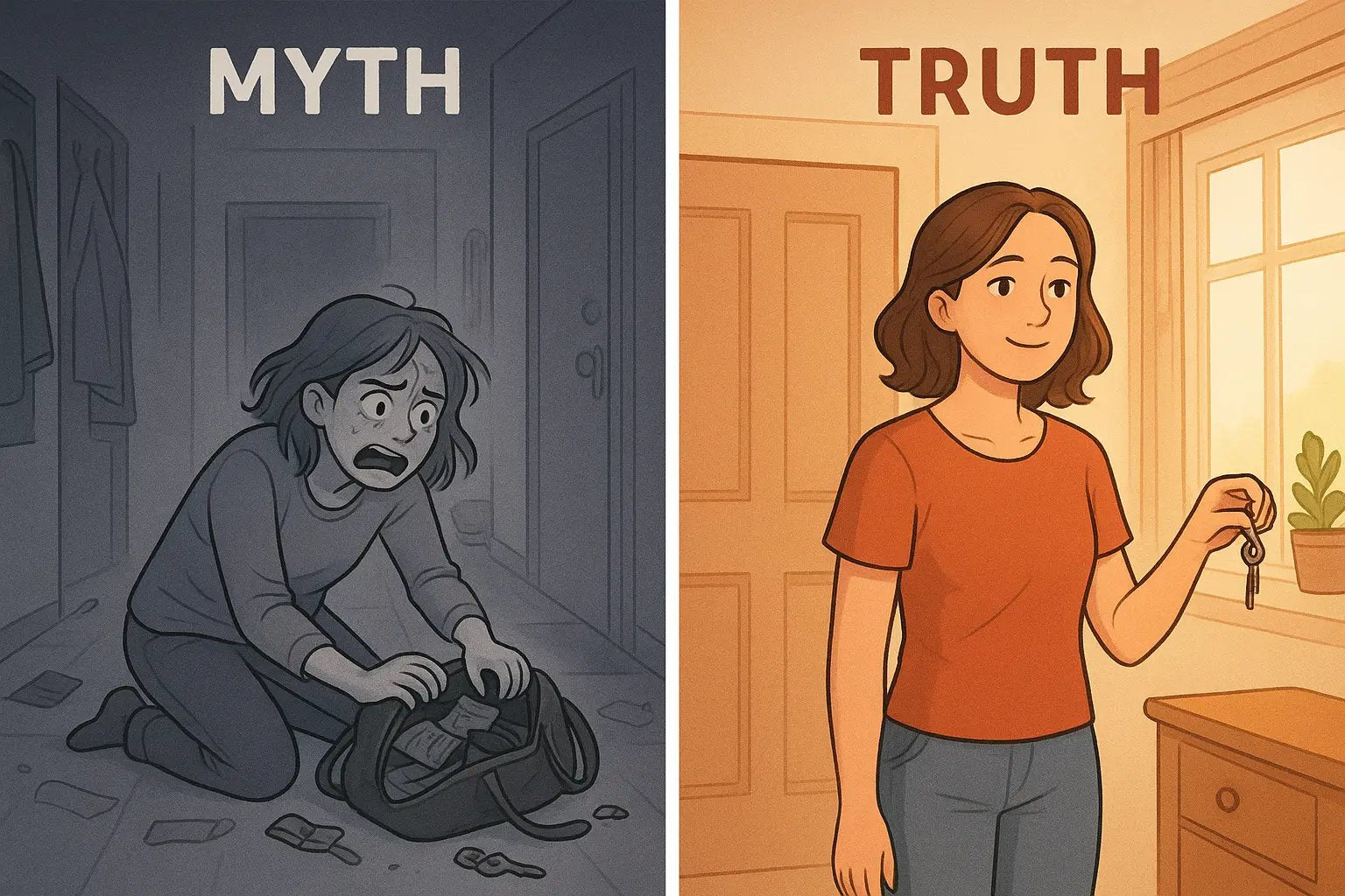 Woman calmly taking keys from hook next to Murphy's Map checklist, showing prepared confidence versus frantic searching