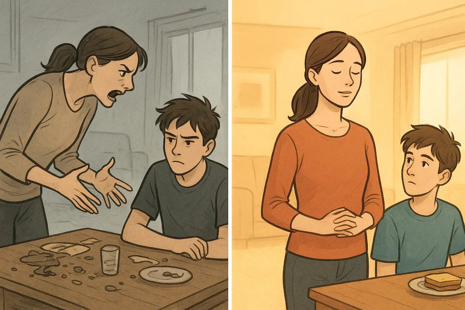 Parent taking a mindful pause, breathing calmly before responding to their child in a warm, supportive home setting