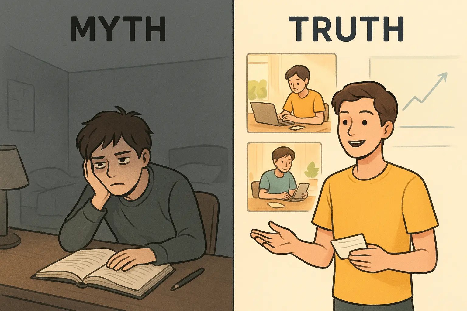 Side-by-side comparison showing frustrated student at desk versus confident student successfully recalling information in varied environments