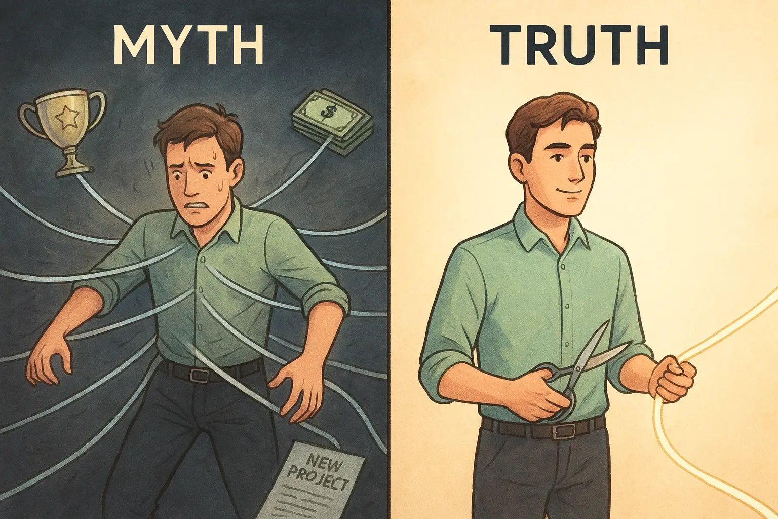Split illustration showing a man overwhelmed by multiple opportunities on the left, and calmly focused on a single clear path on the right.