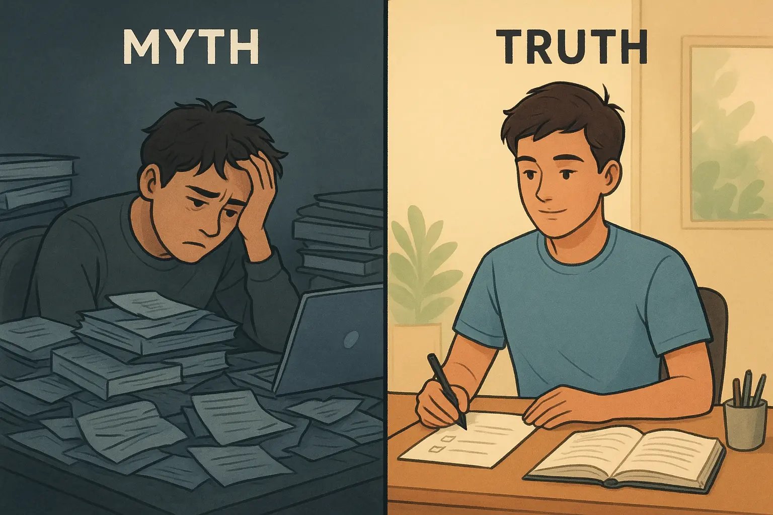 Split-screen illustration: chaotic student at messy desk versus calm student using simple checklist at organized desk