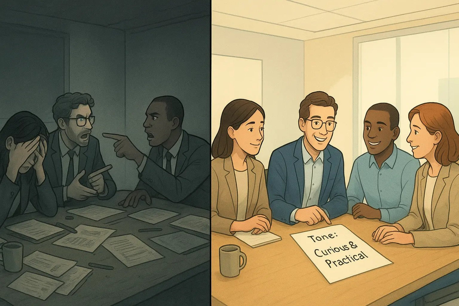 Side-by-side illustration showing a chaotic meeting transforming into a calm, productive session with a tone target agenda