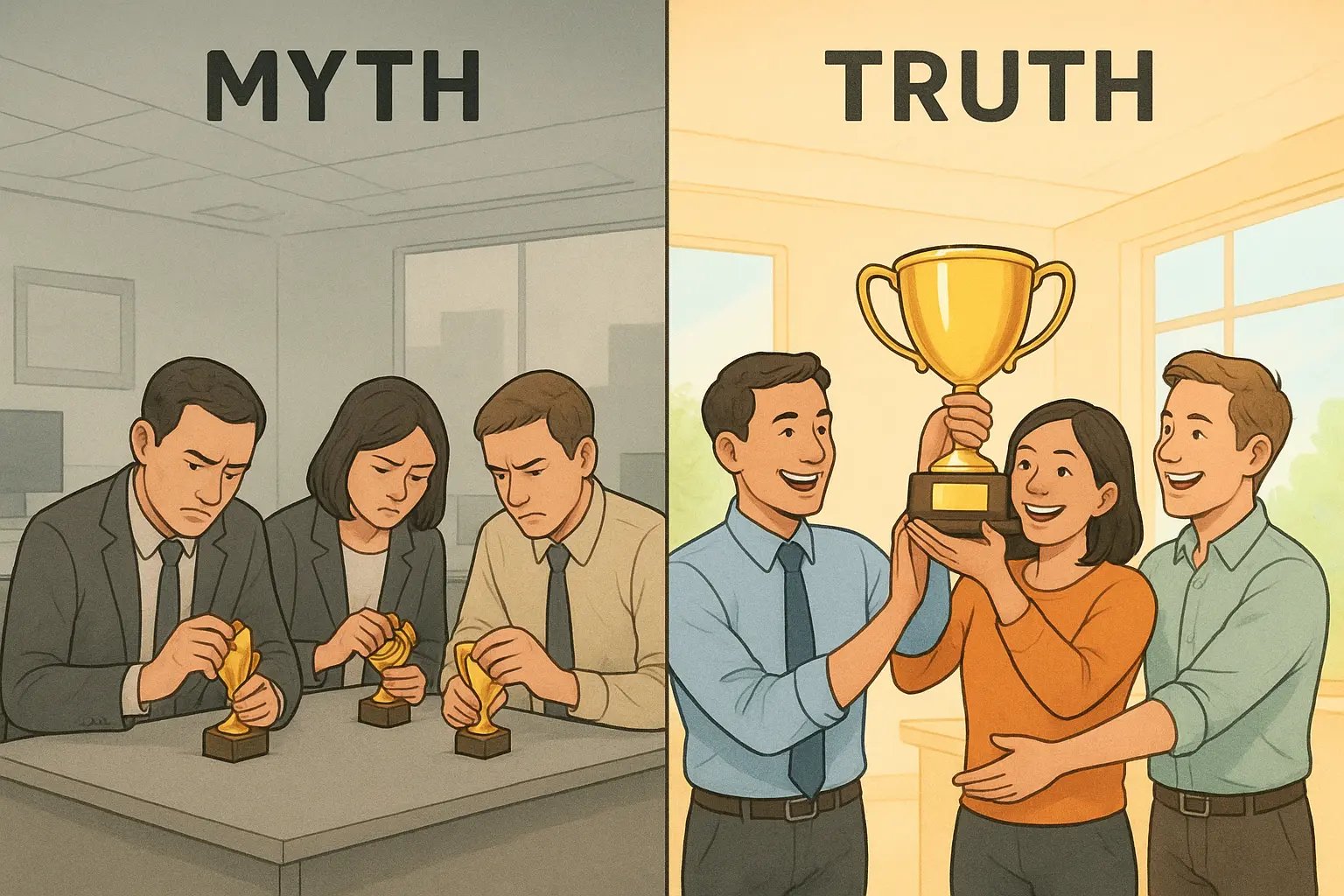 Side-by-side comparison showing stressed colleagues competing over individual trophies versus a team joyfully celebrating together around a shared trophy