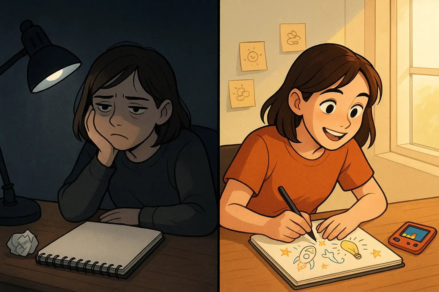 Woman transformed from creatively blocked to energised with ideas after a quick gaming warm-up at her desk