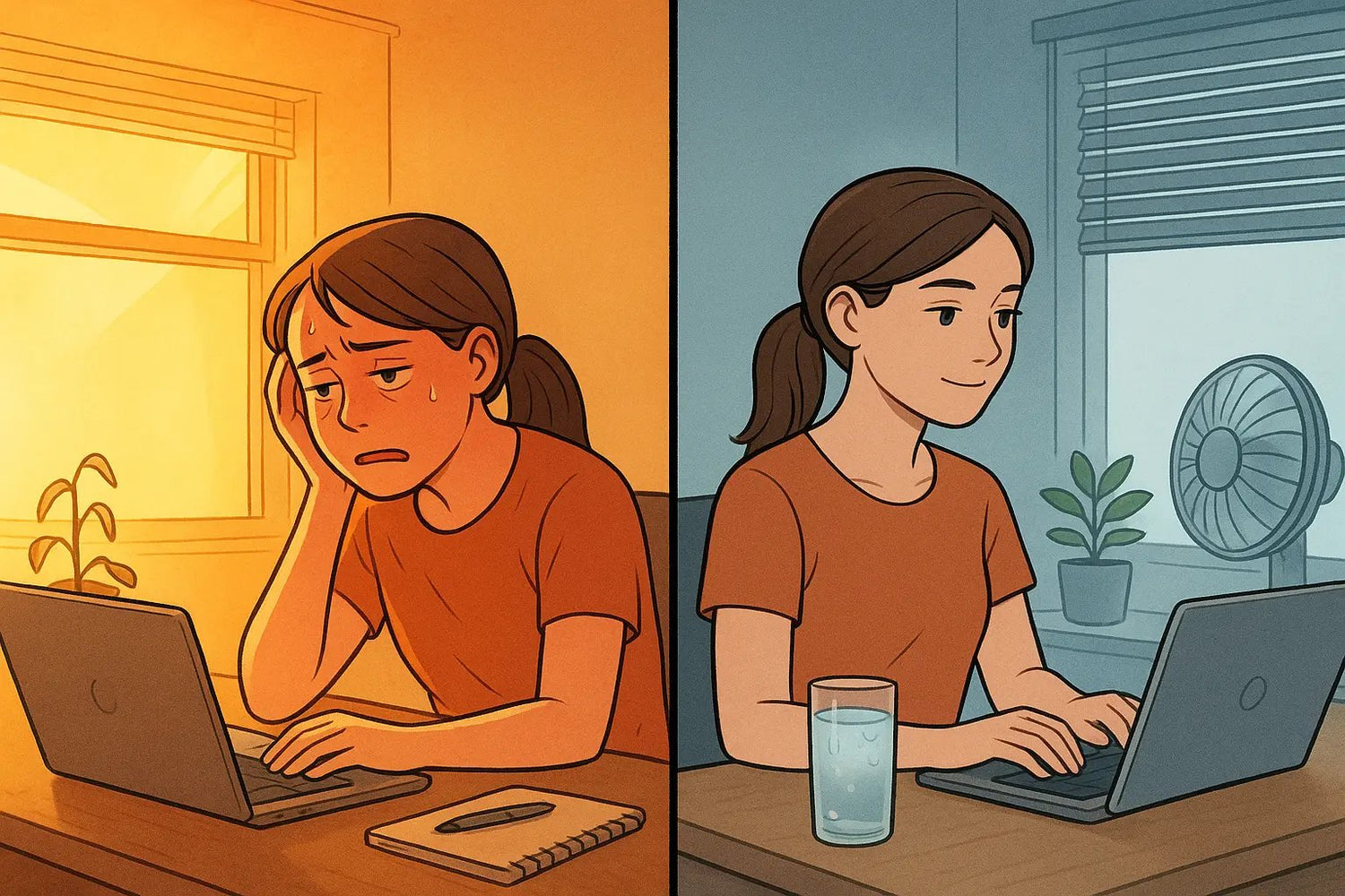 Woman transforming from heat-drained to focused after cooling her workspace with a fan and iced water in a bright home office