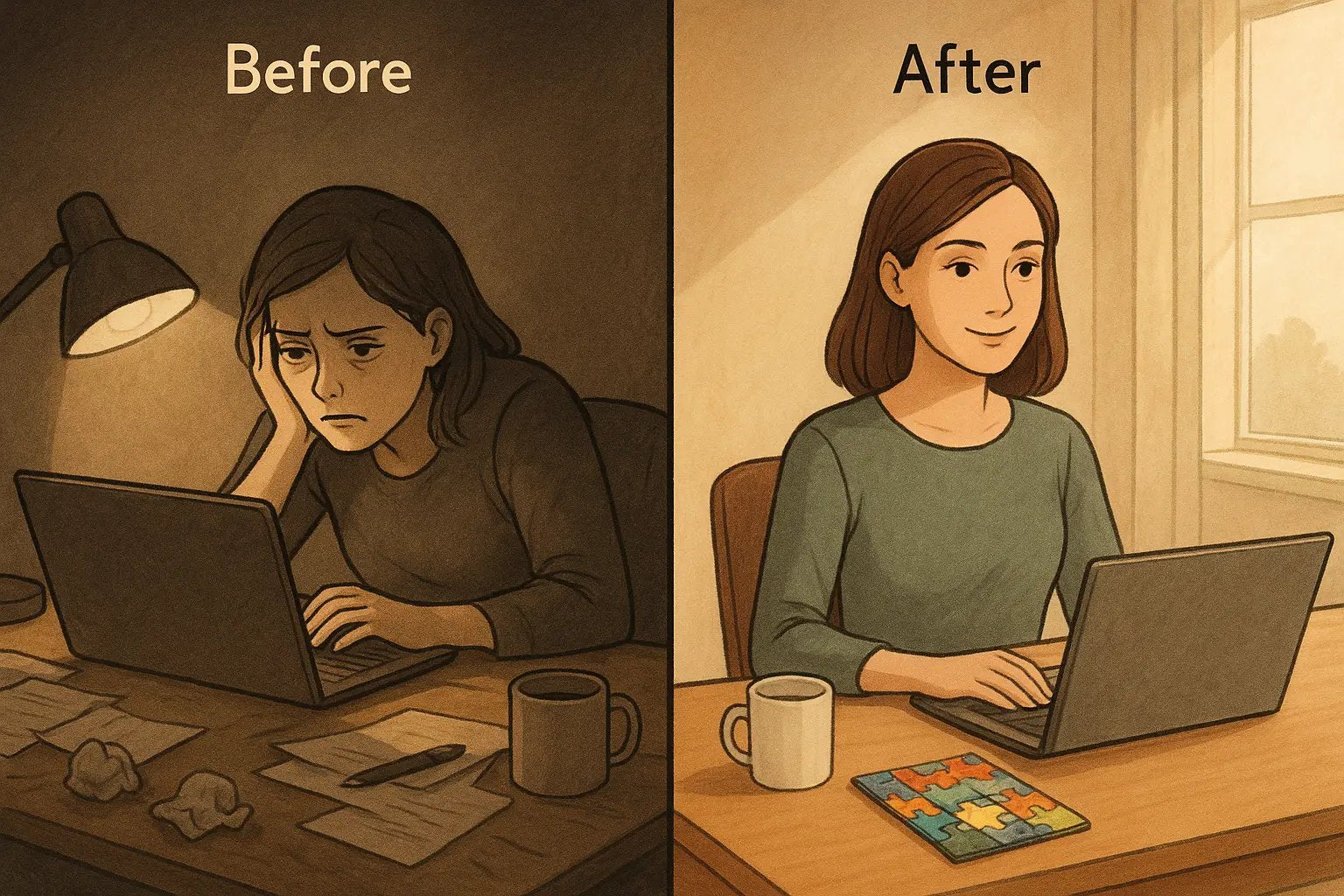 Split-panel showing a woman's transformation from overwhelmed at a messy desk to calm and focused at a tidy desk with a completed puzzle.
