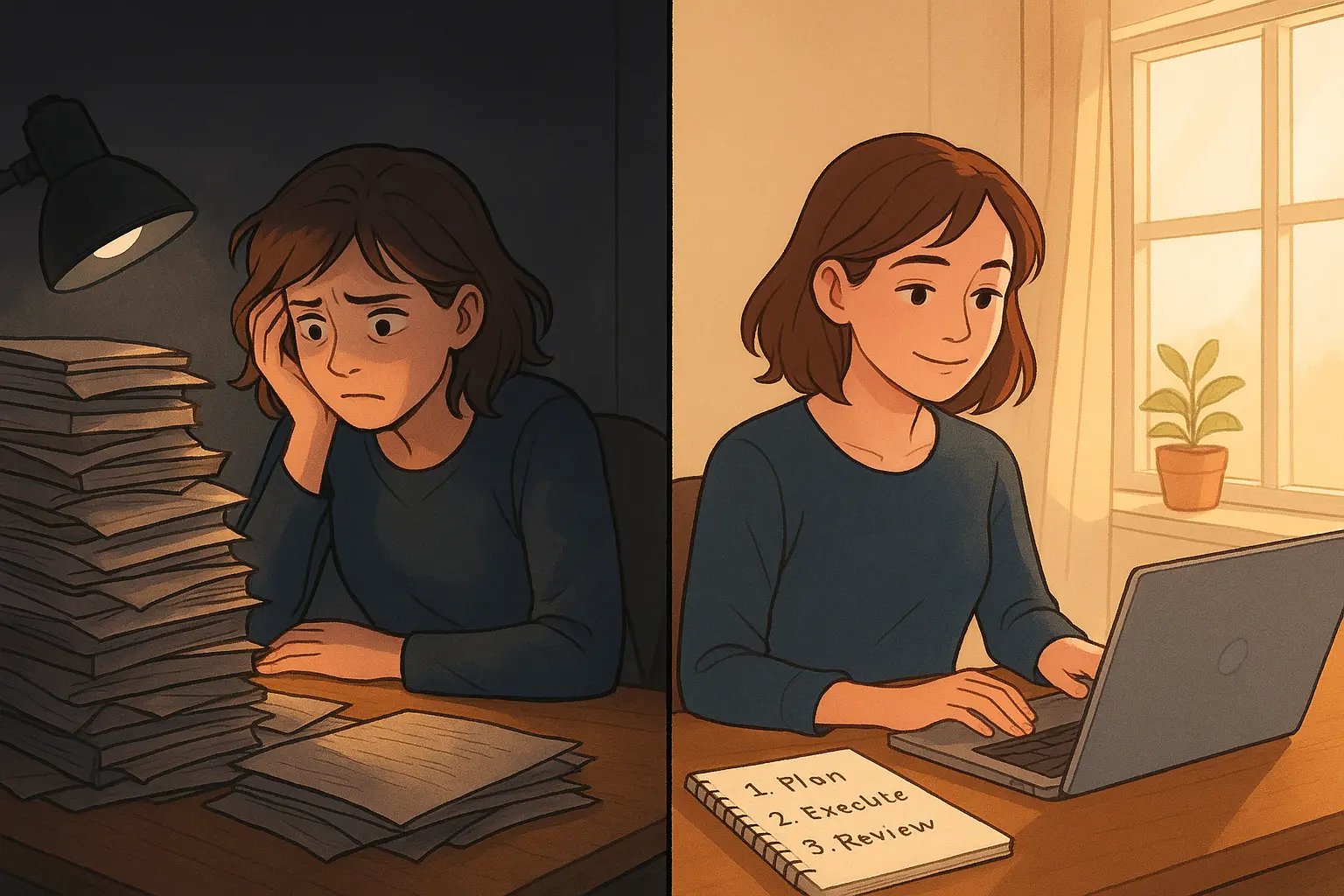 Split-panel showing a woman's transformation from overwhelmed by papers to calm with an organised plan at her desk.
