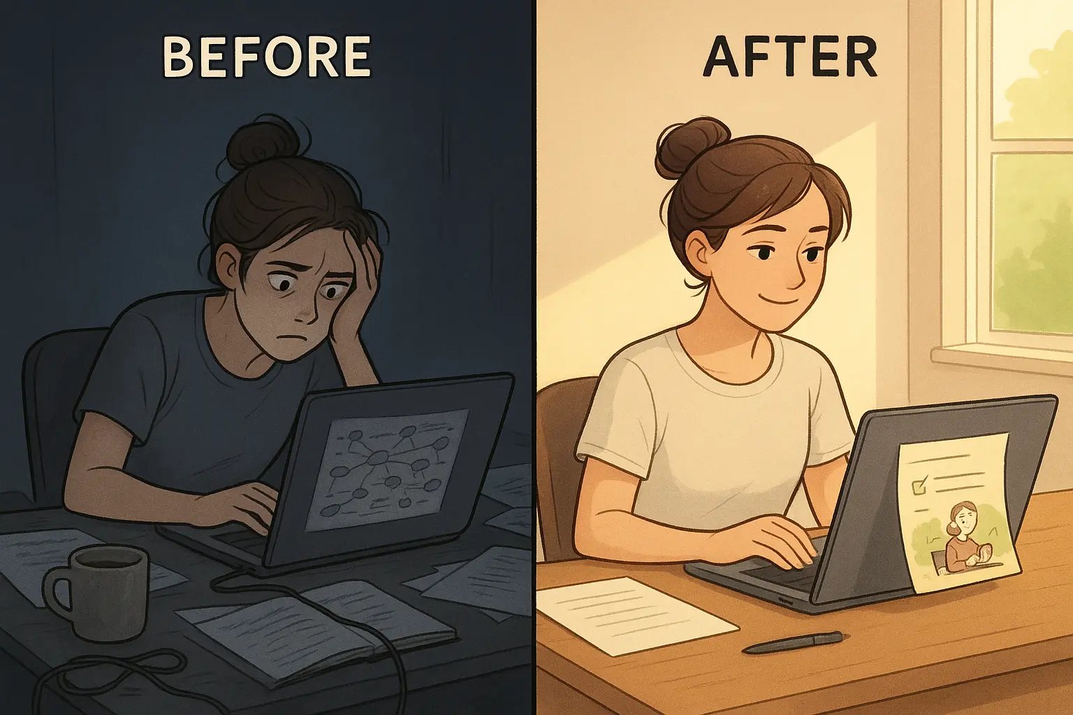 Split panel showing woman transforming from overwhelmed at cluttered desk to focused at organised desk with reward reminder