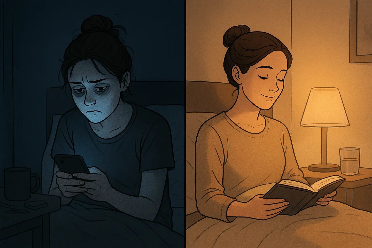 Before-and-after split image showing a woman scrolling her phone at night versus reading peacefully in a softly lit bedroom.
