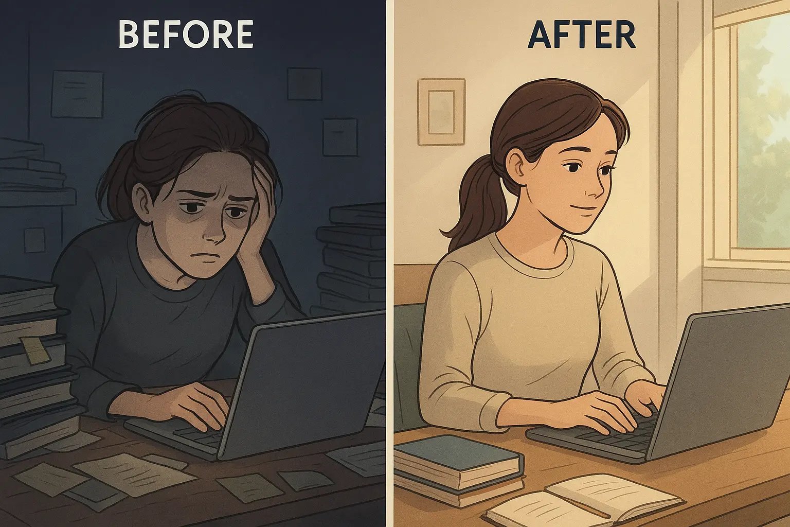 Split-panel showing a student's transformation from stressed and frozen by perfectionism to calm and productively working on a rough draft.