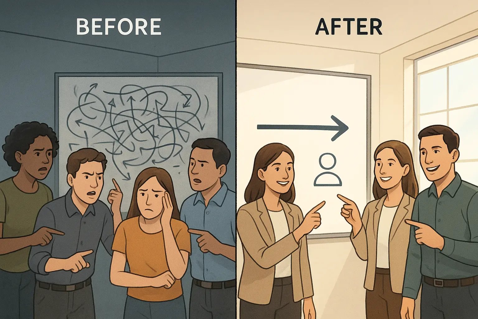 Team transformation showing confused individuals becoming united and focused around a single clear goal on a whiteboard