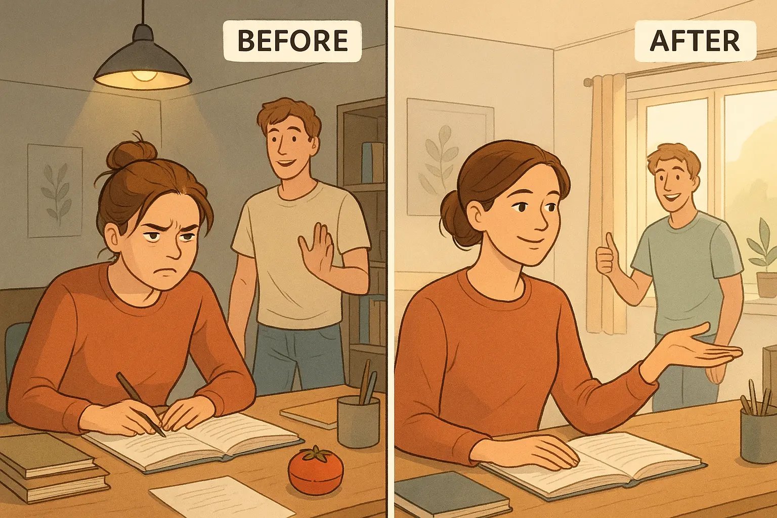 A split-panel illustration showing a student calmly handling an interruption in the 'after' scene versus looking stressed in the 'before' scene.