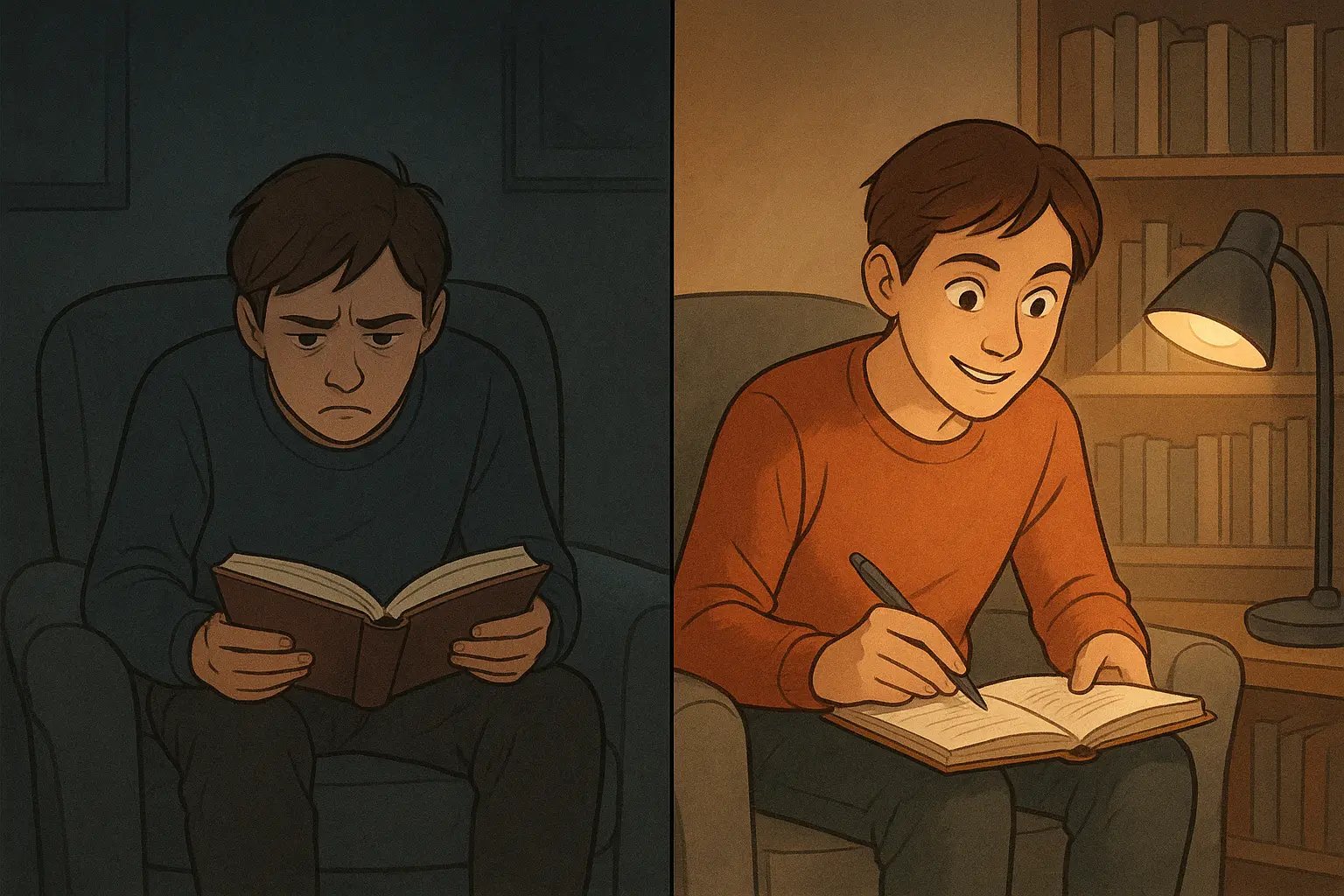 Split-panel illustration showing a reader's transformation from confused to focused whilst tracking mystery clues in a notebook