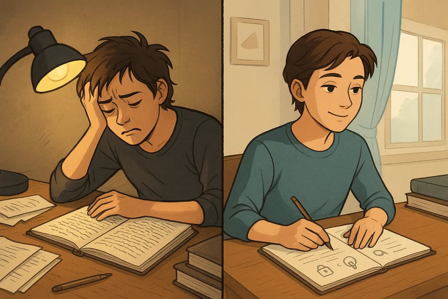 Student transforming from stressed over dense notes to calm with organised notes featuring simple hand-drawn memory icons