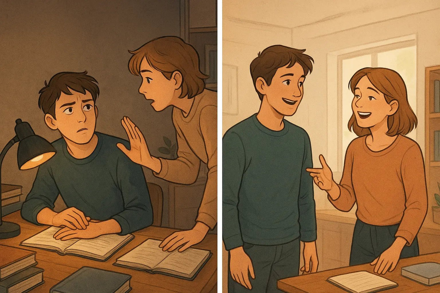 Split illustration showing a student first politely delaying an interruption whilst studying, then later happily reconnecting with their friend.
