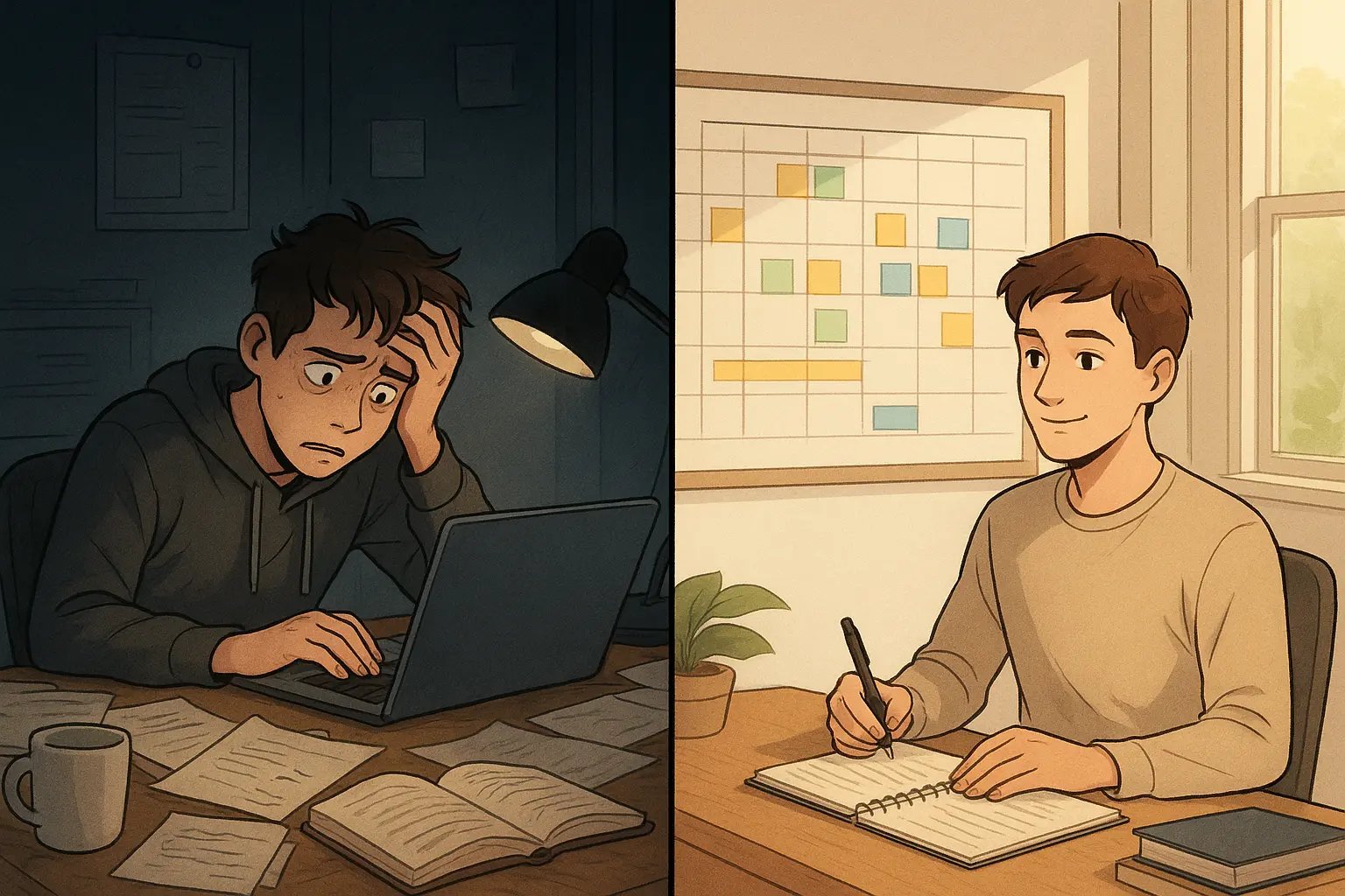 Split panel showing a stressed student at a messy desk transforming into a calm, organised student with a project calendar