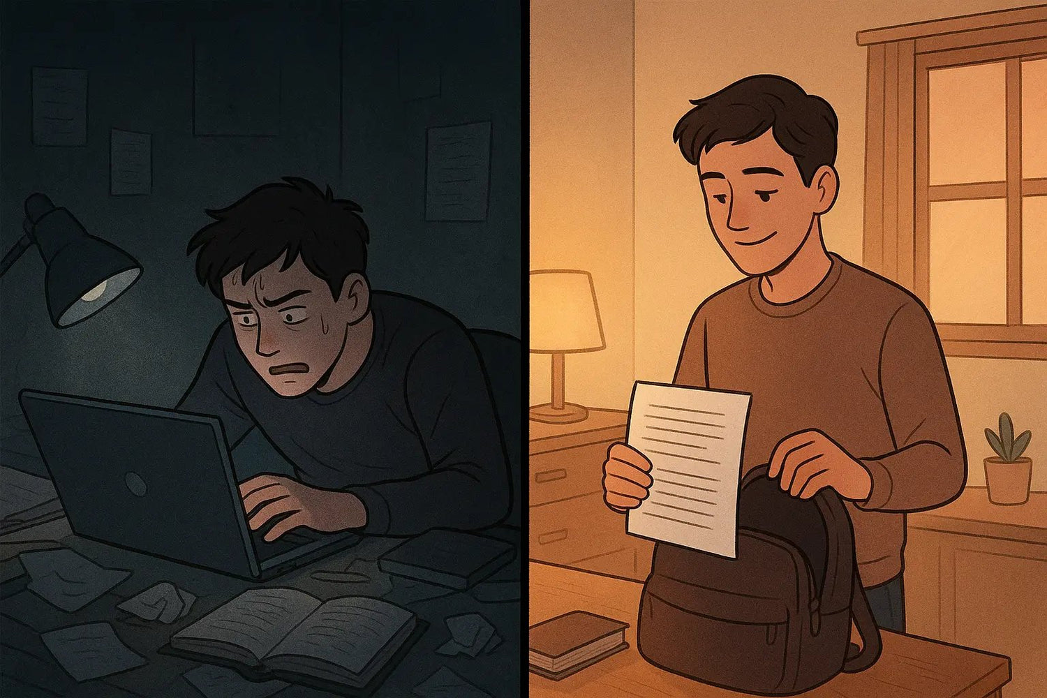 Split panel showing a stressed student at a cluttered desk versus the same student calmly packing a finished paper the night before