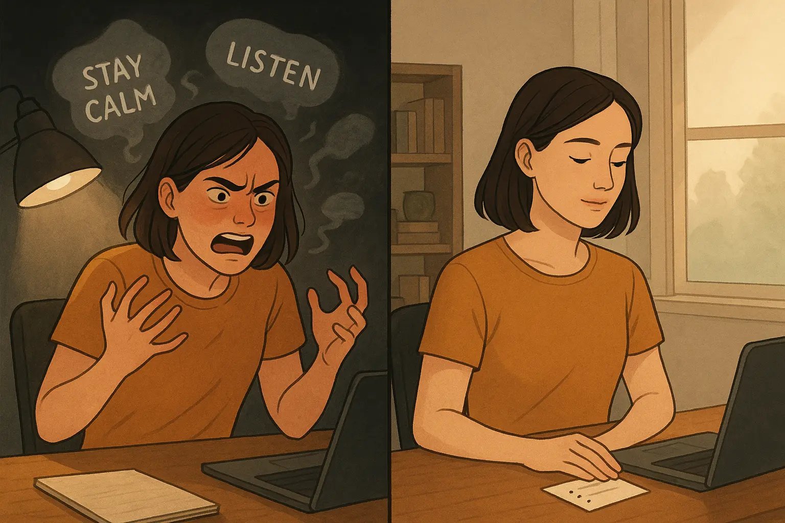 Before and after panels showing a woman managing emotions during conversation, calm and focused with a note card after being overwhelmed before
