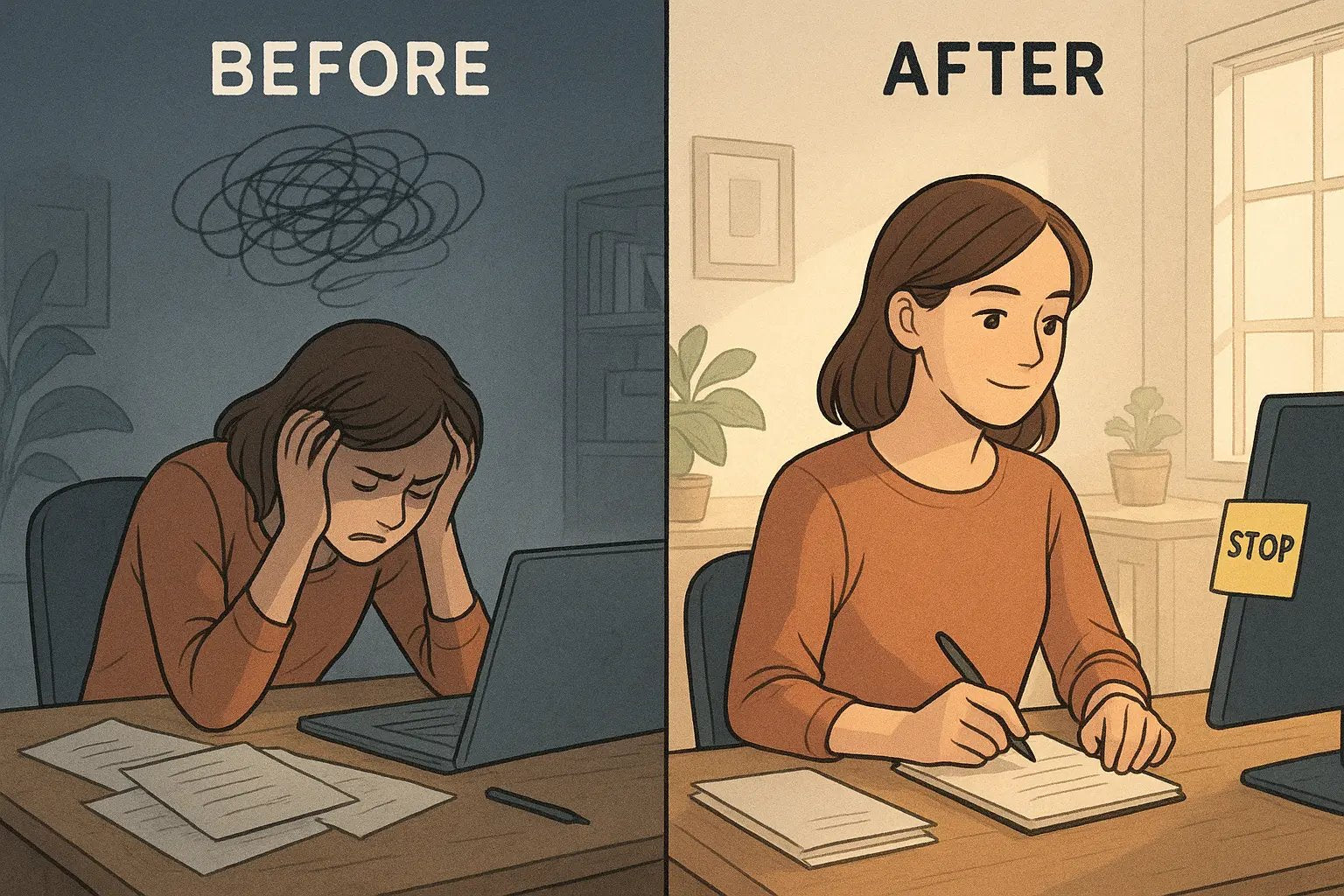 Woman at desk before and after using a thinking stop cue, transforming from frustrated to calm and focused