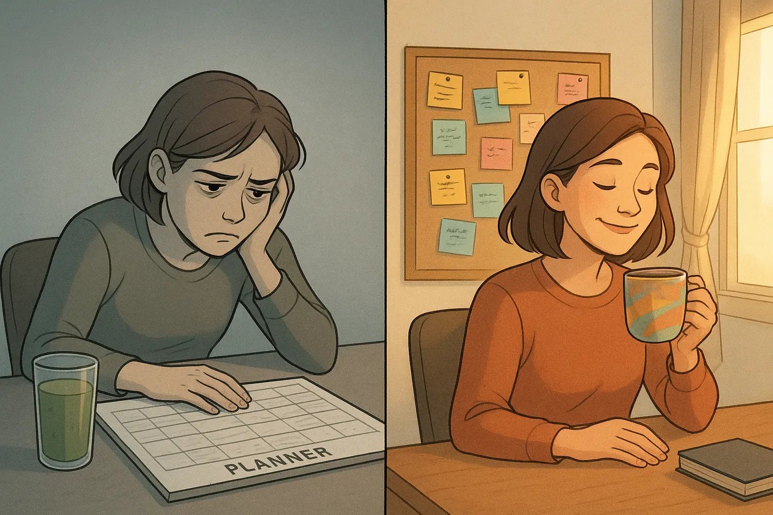 A woman transforms from frustrated with a rigid planner to joyful with her personalised, colourful system at her desk.