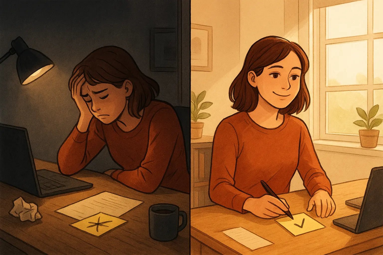 Woman transformed from slumped over cluttered desk to confident, ticking off completed promise at tidy workspace