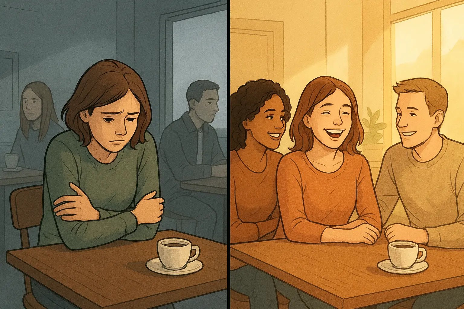 Split illustration showing a woman's transformation from anxious in a tense group to happy and relaxed with supportive friends