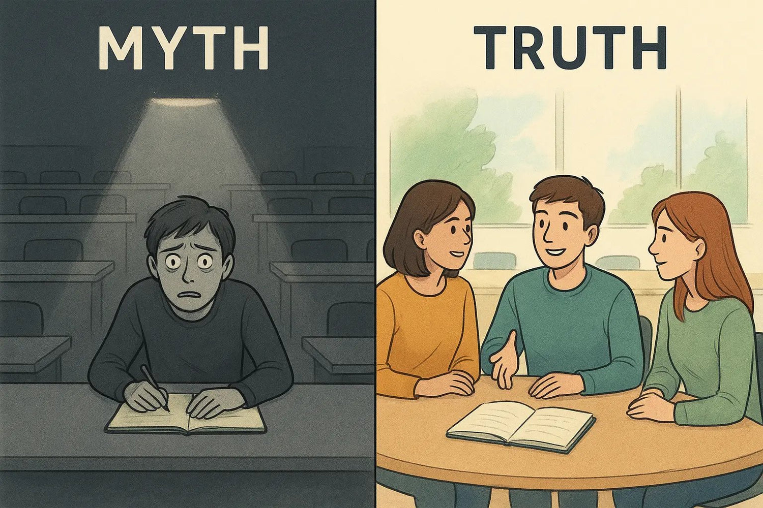 Student confidently collaborating with peers in a bright university seminar room, showing supportive team dynamic.