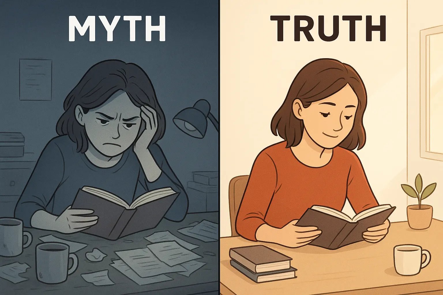 Side-by-side comparison showing a young woman struggling to focus in a messy room versus thriving in a calm, organised space with warm natural light