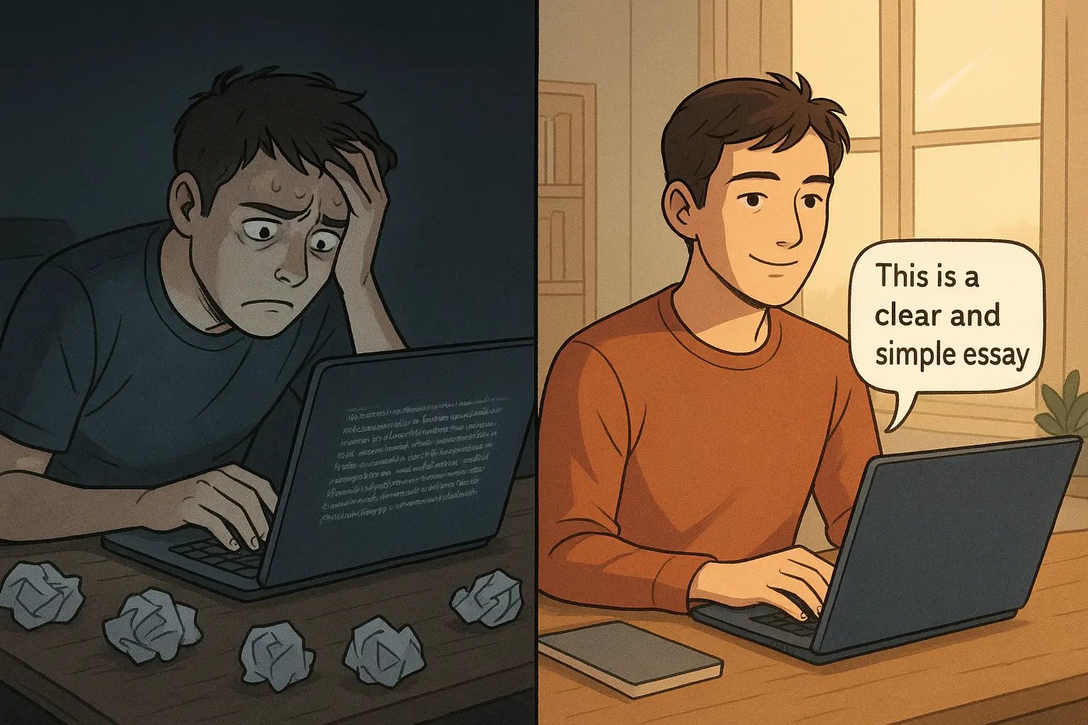 Before-and-after illustration showing a student transforming from stressed with confusing text to calm and confident with clear, natural writing