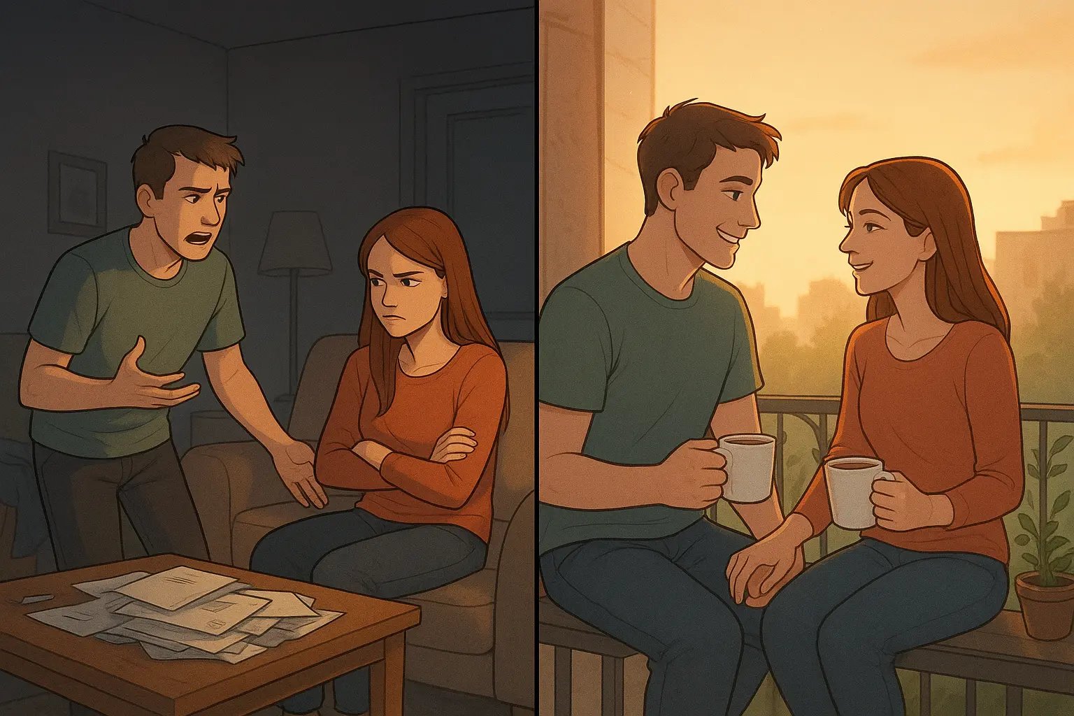 Split illustration showing a stressed couple in a messy living room transforming into a happy, reconnected couple holding hands on a peaceful balcony at sunset.