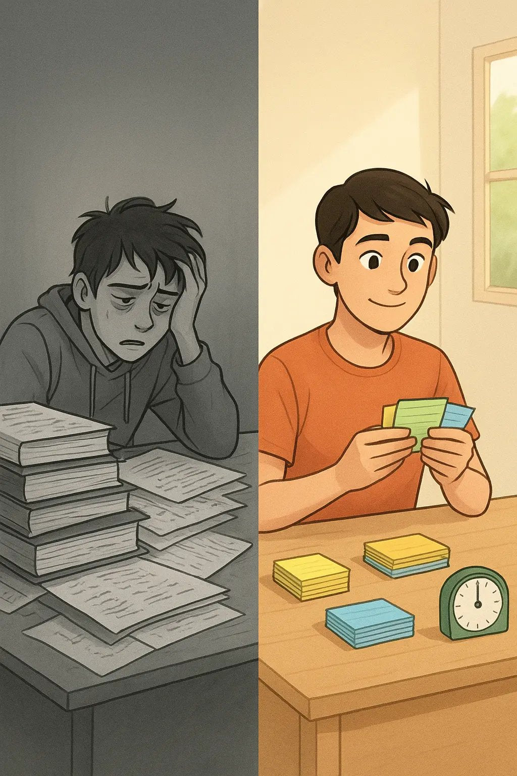 Student studying calmly with organised, colour-coded notes versus exhausted student cramming from a large pile of books