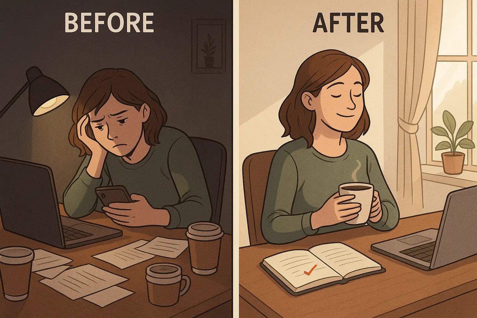 A woman transforms from overwhelmed and distracted at a messy desk to calm and focused at an organised desk, enjoying tea as a reward.