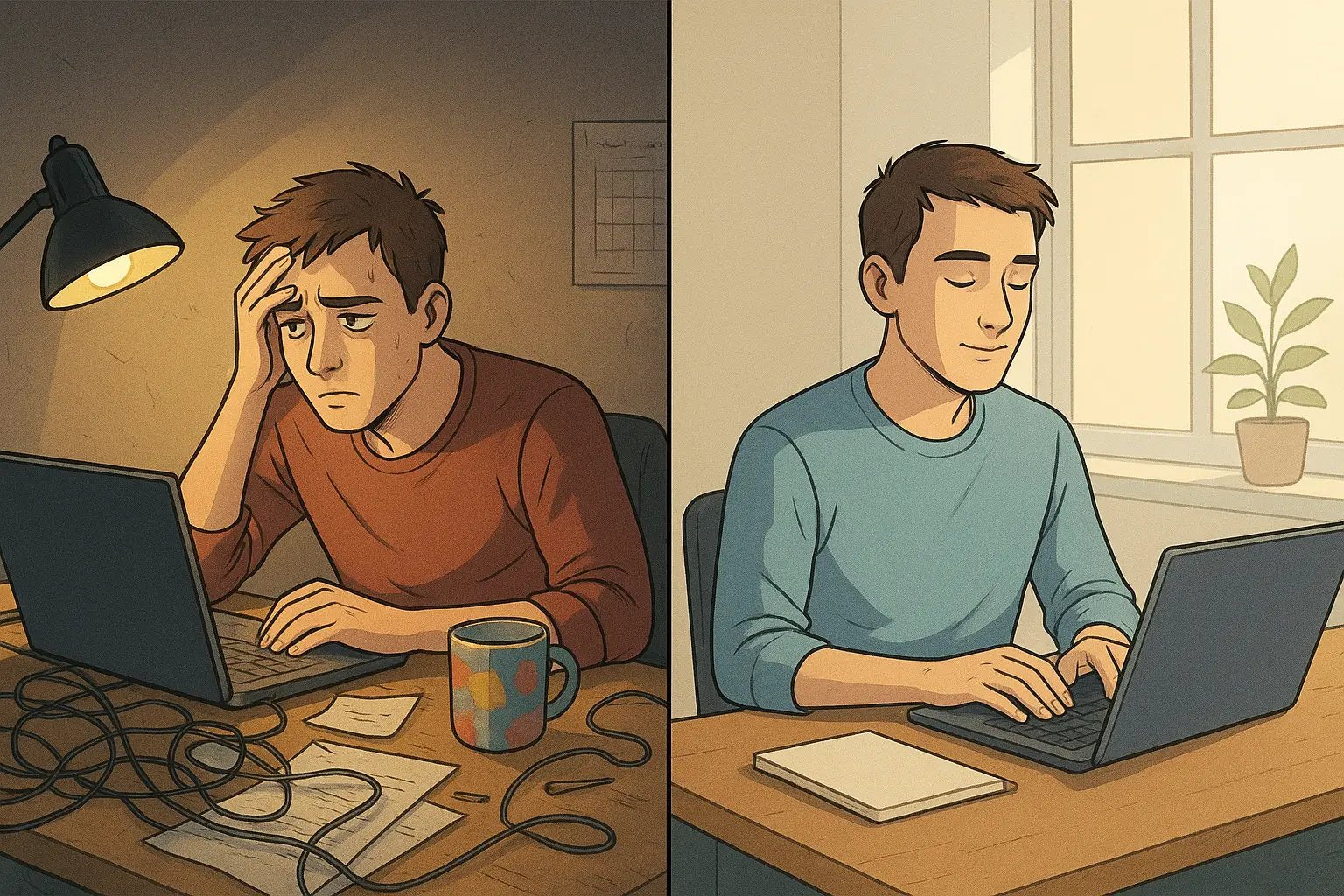 Before-after desk transformation showing cluttered workspace versus minimalist organised desk for improved focus