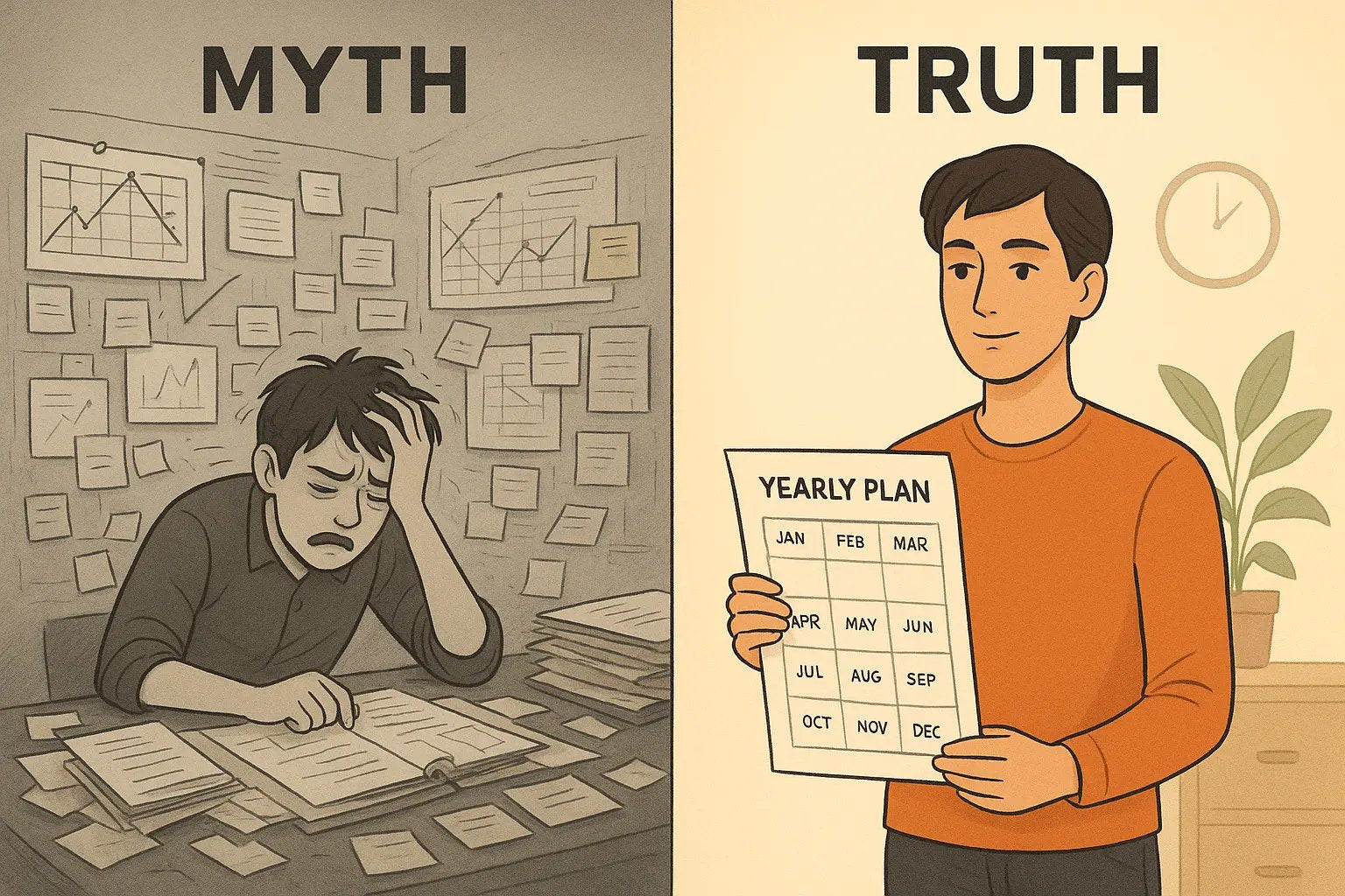 Side-by-side comparison showing a stressed person with chaotic plans versus a calm person holding a clear one-page yearly plan