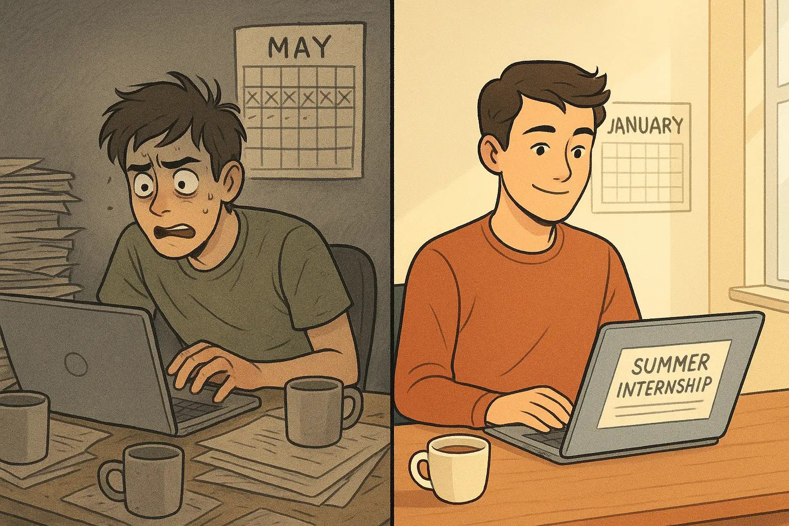 Side-by-side comparison showing a stressed student searching for summer jobs in May versus a calm, organised student who planned ahead in January.