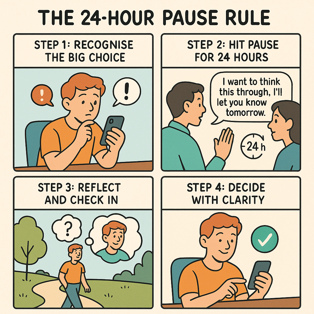 A four-panel comic strip showing a person learning to pause before making irreversible decisions, progressing from receiving a big request to making a confident decision with a clear mind