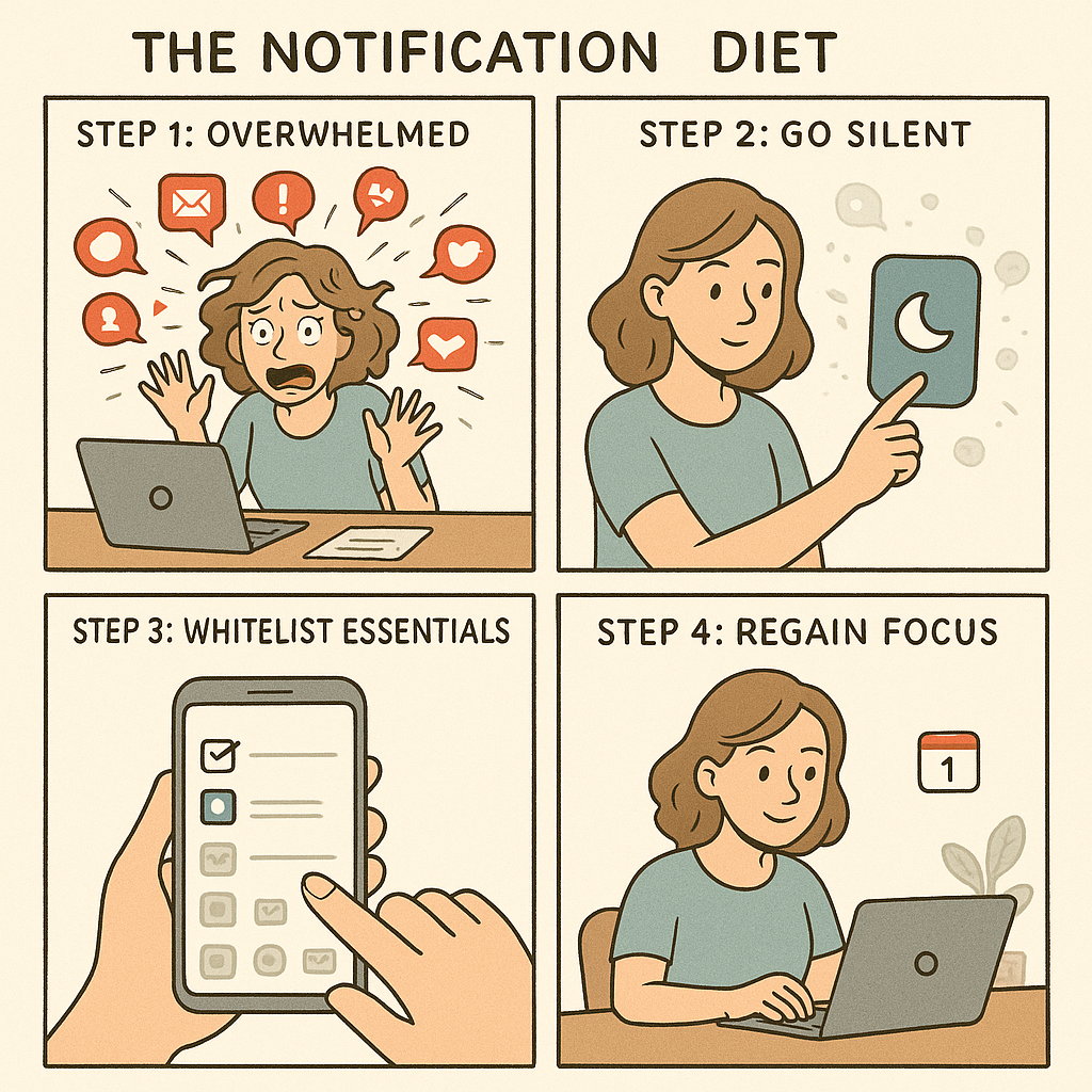 A four-panel comic strip showing a person's journey from being overwhelmed by notifications to working calmly in a focused state after implementing the notification diet.