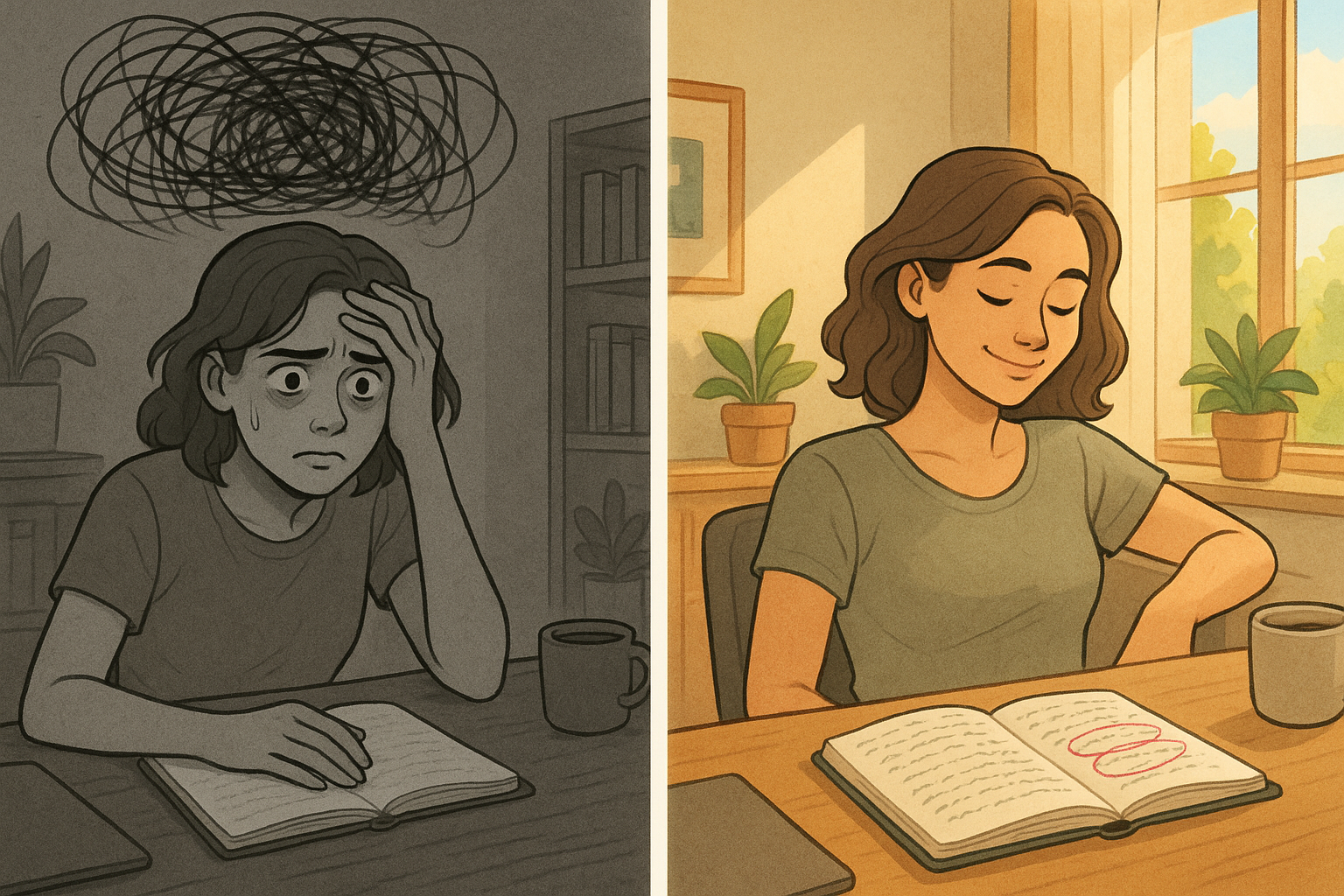 Split-panel illustration showing a woman's transformation from overwhelmed by chaotic spiralling thoughts to calm and clear-headed after writing in a notebook and circling negative thoughts