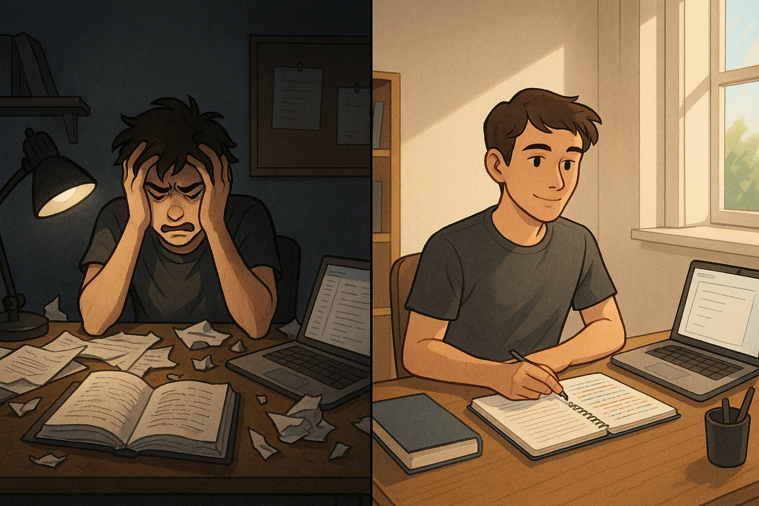 Split-panel illustration showing a student's transformation from overwhelmed at a chaotic desk to calm and focused at an organised workspace