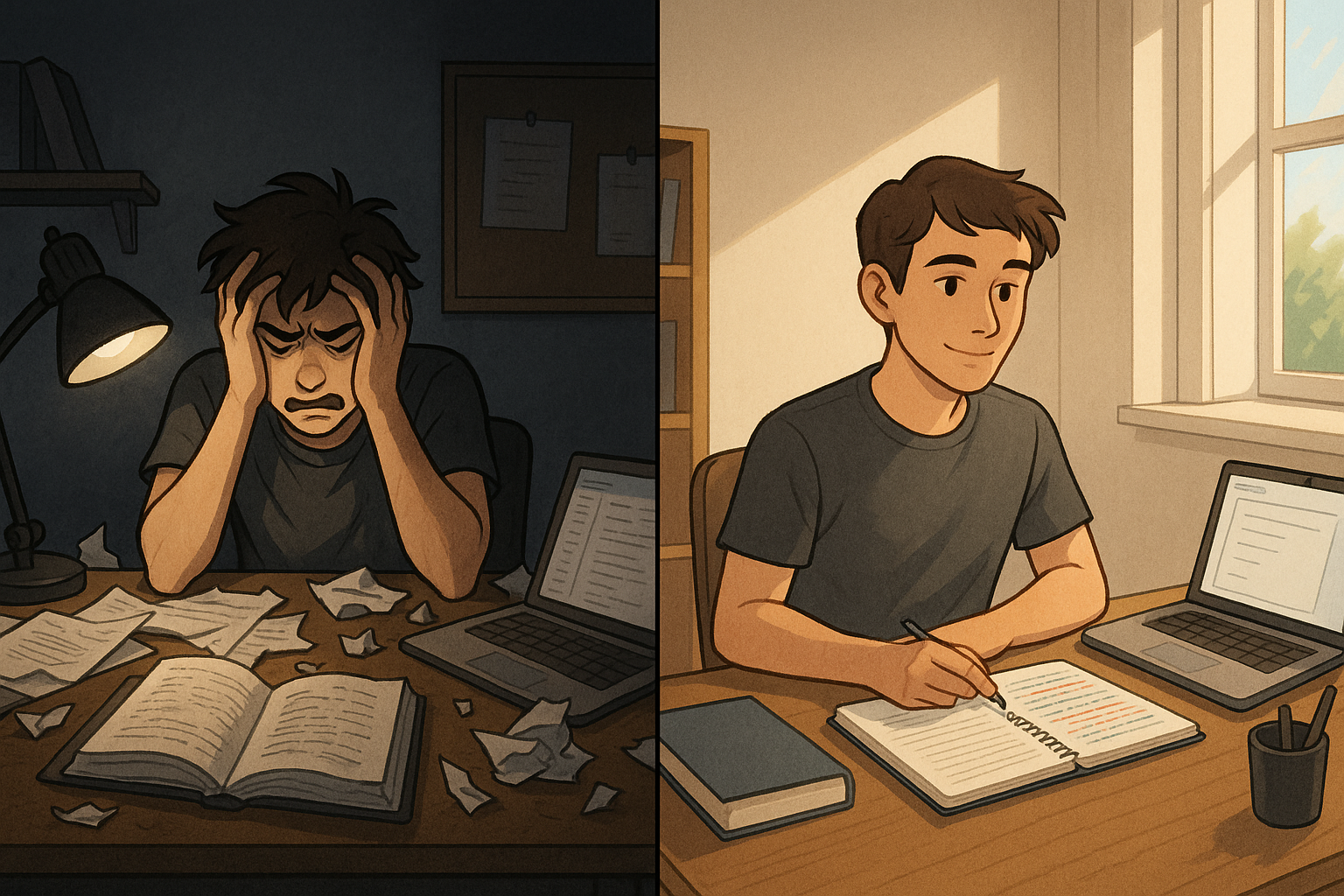 Split-panel illustration showing a student's transformation from overwhelmed at a chaotic desk to calm and focused at an organised workspace