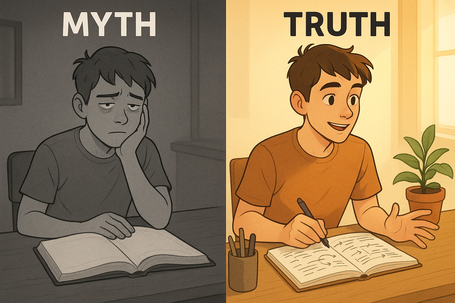 A side-by-side comparison showing a student passively reading with confusion on the left, and actively explaining concepts while writing notes by hand with confidence on the right.