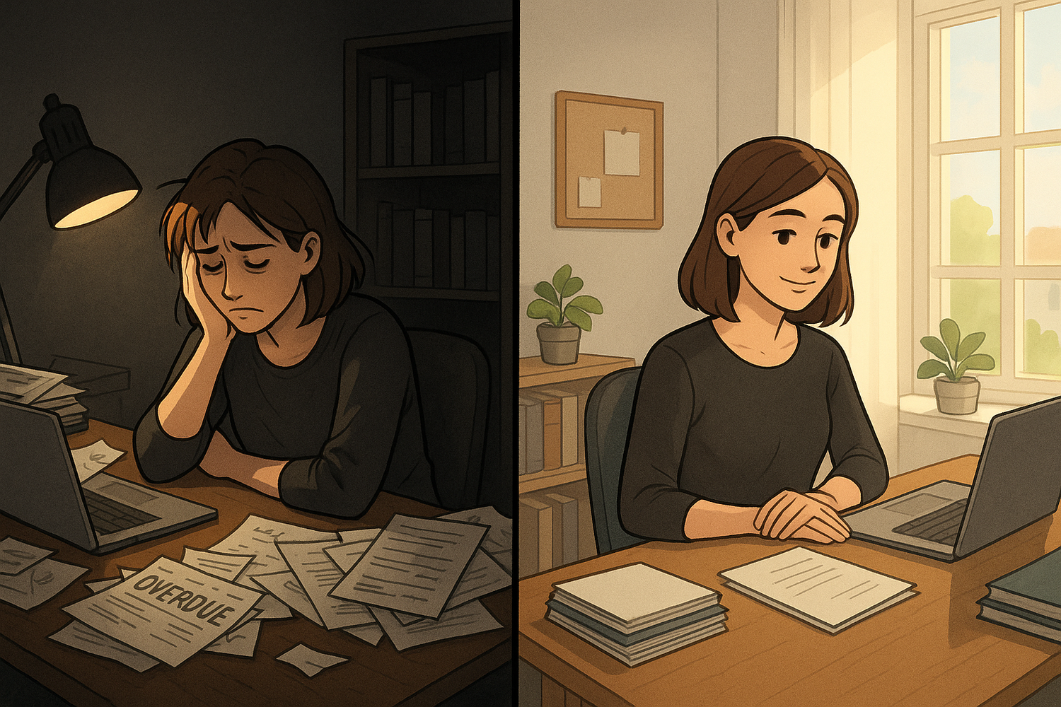 A before-and-after illustration showing a woman's transformation from feeling overwhelmed at a messy desk to being calm and focused at an organised workspace with bright, optimistic lighting.
