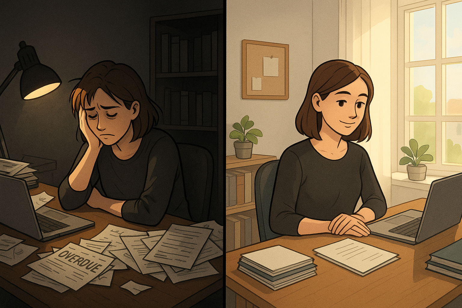 A before-and-after illustration showing a woman's transformation from feeling overwhelmed at a messy desk to being calm and focused at an organised workspace with bright, optimistic lighting.